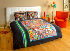 duvet,quilt cover by artist marie jonsson harrison of the nightlife in Hindley Street South Australia