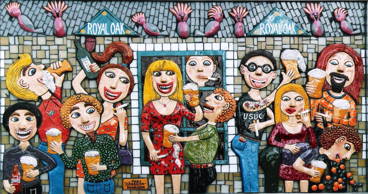 wall based sculpture-by-artist-marie-jonsson-harrison-called-Carrots-and-peas-if-you-please of people outside a pub drinking and smoking cigarettes and having fun 