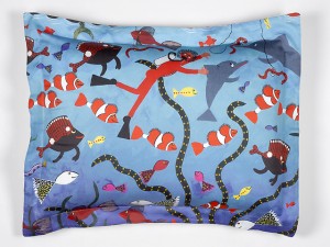 sham-or-pillowcase-of-painting-Pottering-at-the-port-by-artist-marie-jonsson-harrison-artnbed-with-fish-and-divers