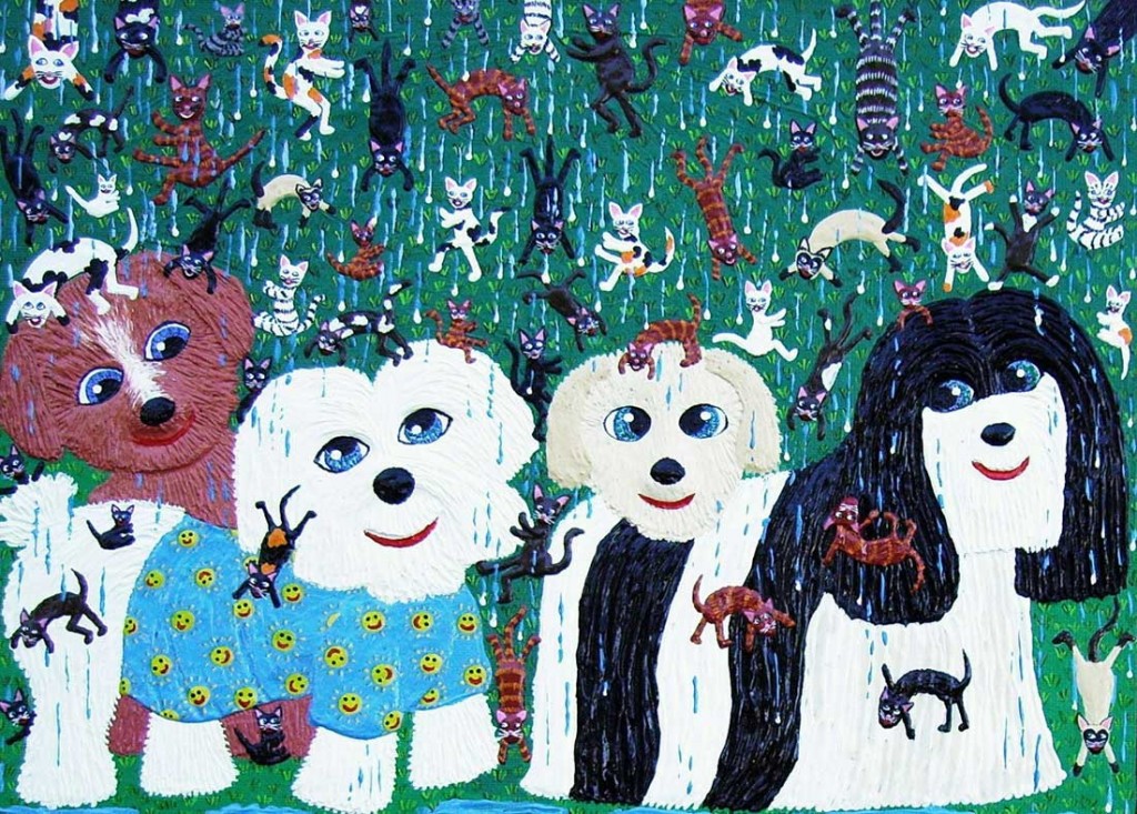 naive-art-Raining-Cats-on-Dogs-by-marie-jonsson-harrison painting by artist Marie Jonsson-Harrison of 4 dogs with small cats raining down on them from the sky