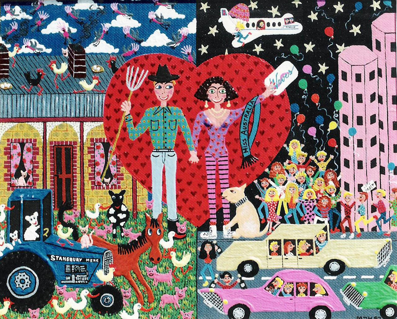 country boy marries the city girl painted in a heart with city scapes and country setting surroundings 