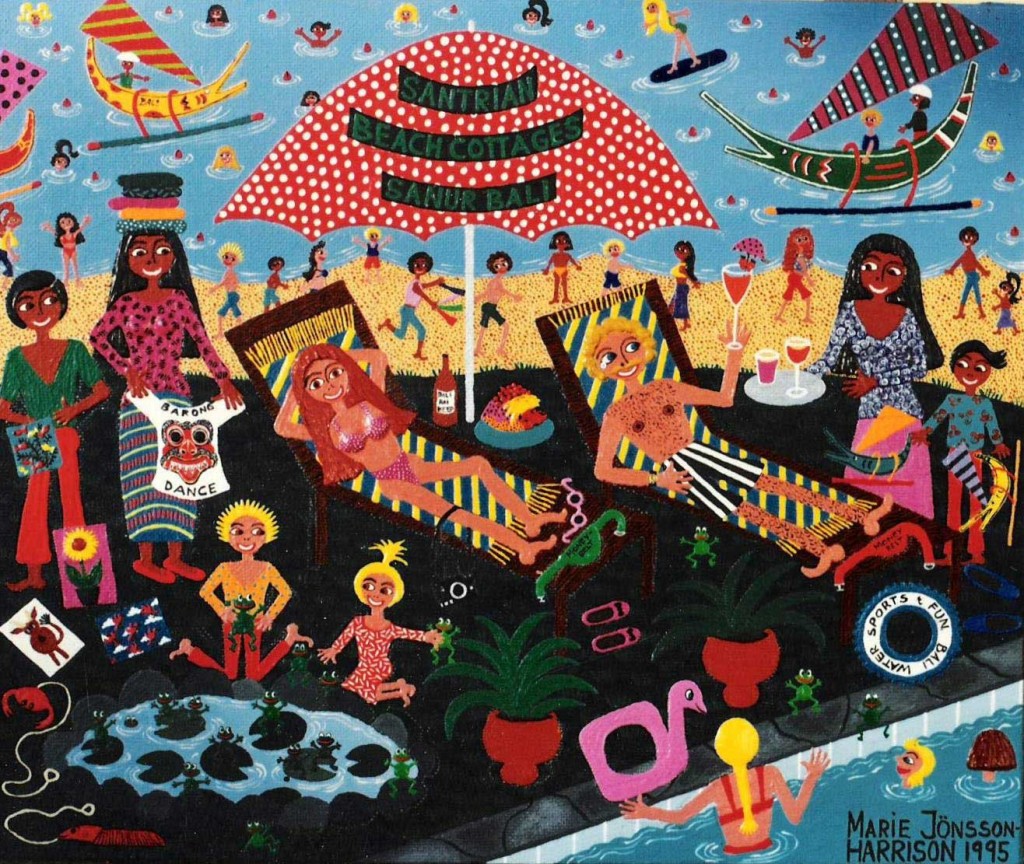 painting of my family at a Bali Beach in naive style bycontemporary naive artist Marie Jonsson-Harrison