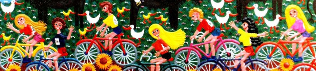painting of colorful bikes riding past buffaloes and sunflowers and a river in naive style