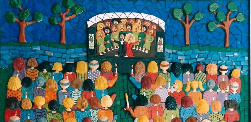 detail of stage and audience of carols by candlelight as a wall based sculpture in mosaic and ceramic