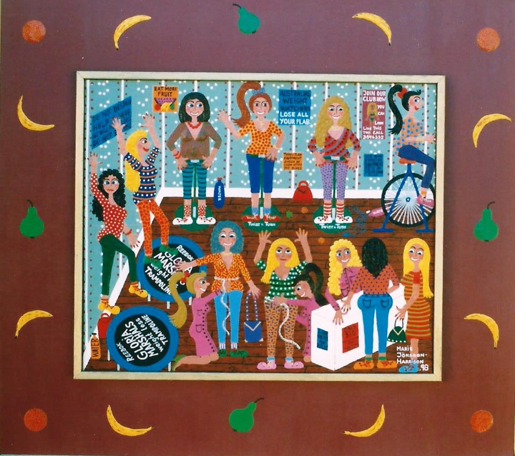 Exercise and eating right by contemporary artist marie jonsson harrison naive painting of women losing weight and doing exercise, part of their new years resolutions by artist marie jonsson harrison