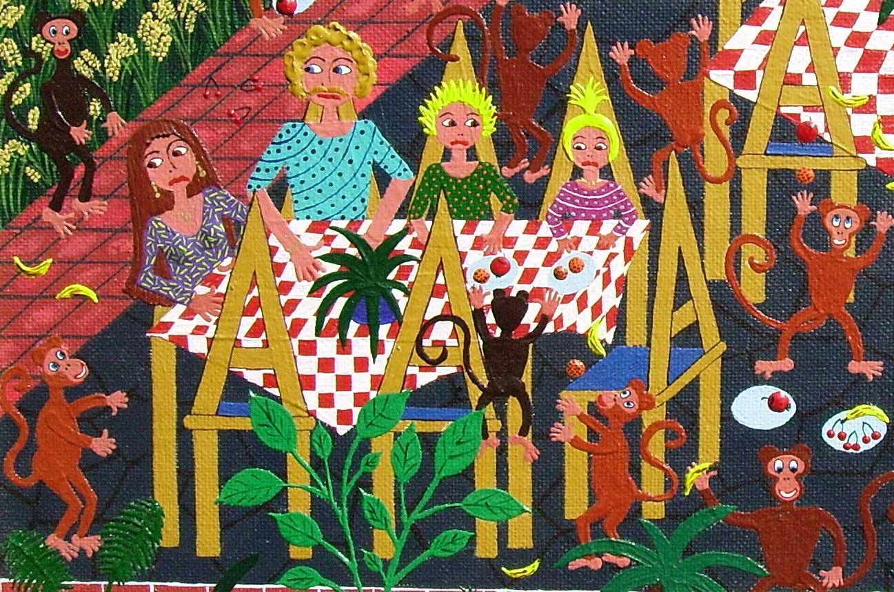naive-art-monkey-forest-ubud-bali naive painting of Our family in Ubud Bali's Monkey Forest and being frightened by male monkey