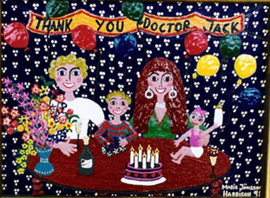 naive-painting-thank-you-dr-jack-for-the-safe-birth-of-my-daughter naive painting of artist marie jonsson-harrisons family, with balloons,flowers and cake