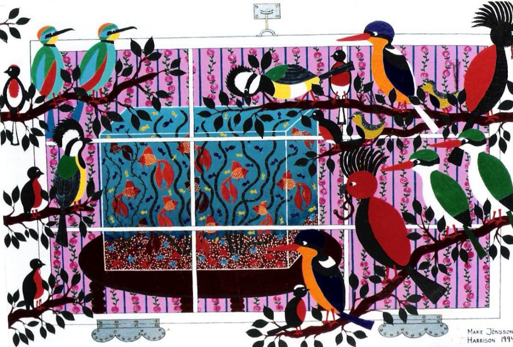 birds looking at a fish tank full of gold fish from outside a window where they sit on tree branches