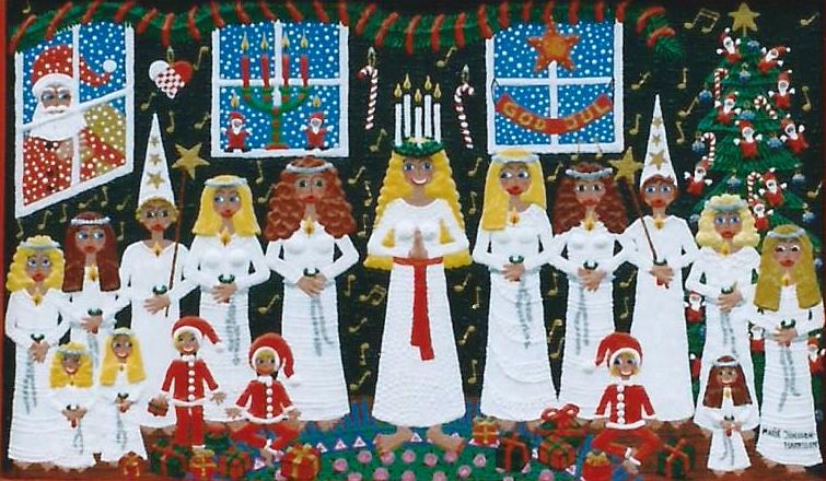 Swedish traditional St Lucia painting by naive artist marie jonsson harrison girl with a wreath and candles in her hair singing Lucia songs in a traditional Swedish way clad all in white