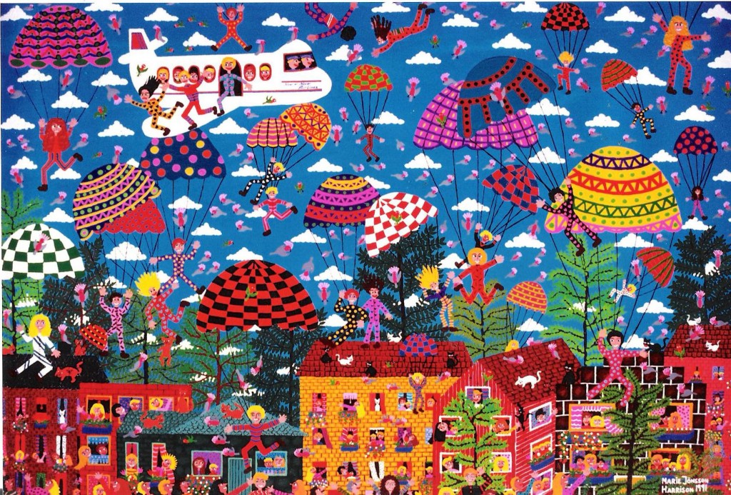 naive-painting-called-it's-too-late-to-turn-back-now-by-artist-marie-jonsson-harrison acrylic painting of a people jumping out of an aeroplane with parachutes over a town in naive style