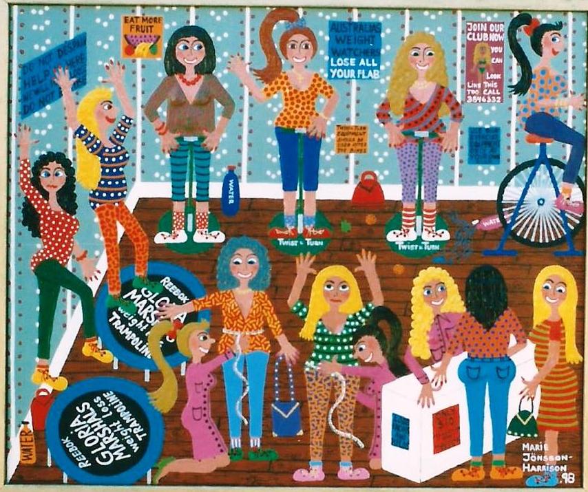 naive painting of women losing weight and doing exercise, part of their new years resolutions by artist marie jonsson harrison painting of a women using weight loss machines and being tape measured for weight loss
