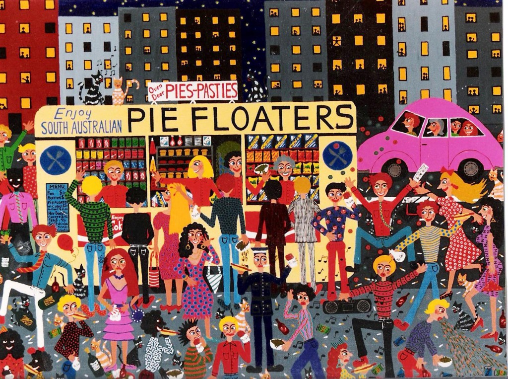 acrylic naive painting of the iconic pie cart with people eating and having fun by australian/swedish artist marie jonsson harrison