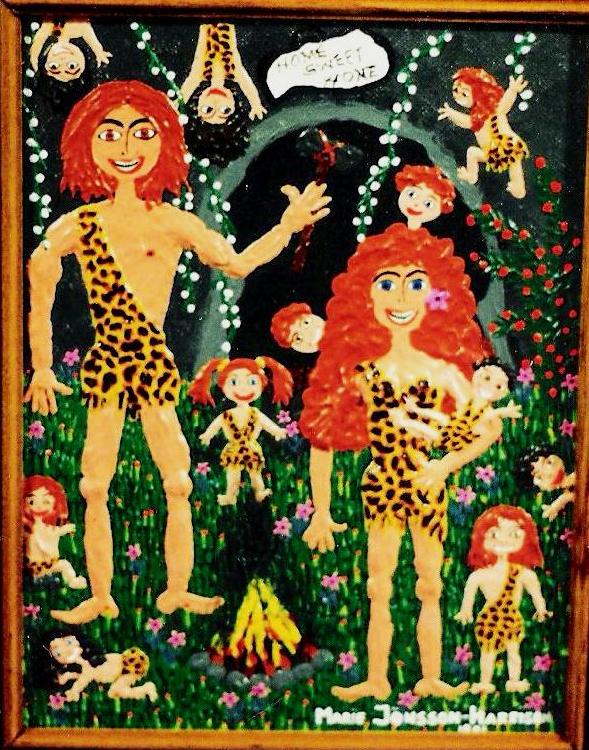 naive painting of a caveman and woman with their 10 children and counting.