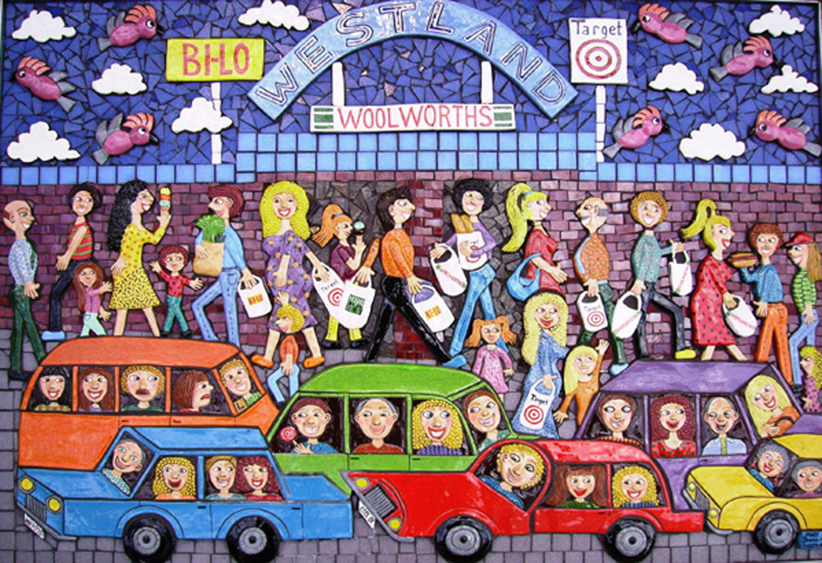 naive-art-mosaic-ceramic,marie-jonsson-harrison-shop-till-you-drop Outsider artist Marie Jonsson's wallbased sculpture,colorful naive street view made from ceramic & mosaic