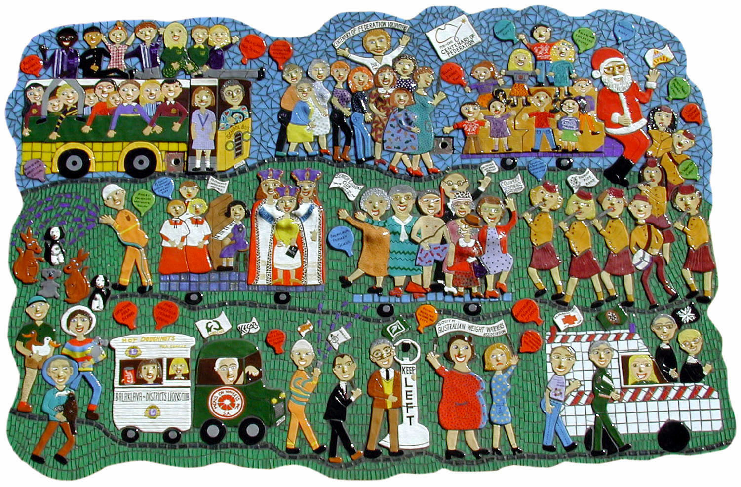 ceramic and mosaic wall based public sculpture part of the centenary of federation gateway in South Australia,depicting volunteers of all descriptions from St Johns to Red Cross, Apex and the Lions 