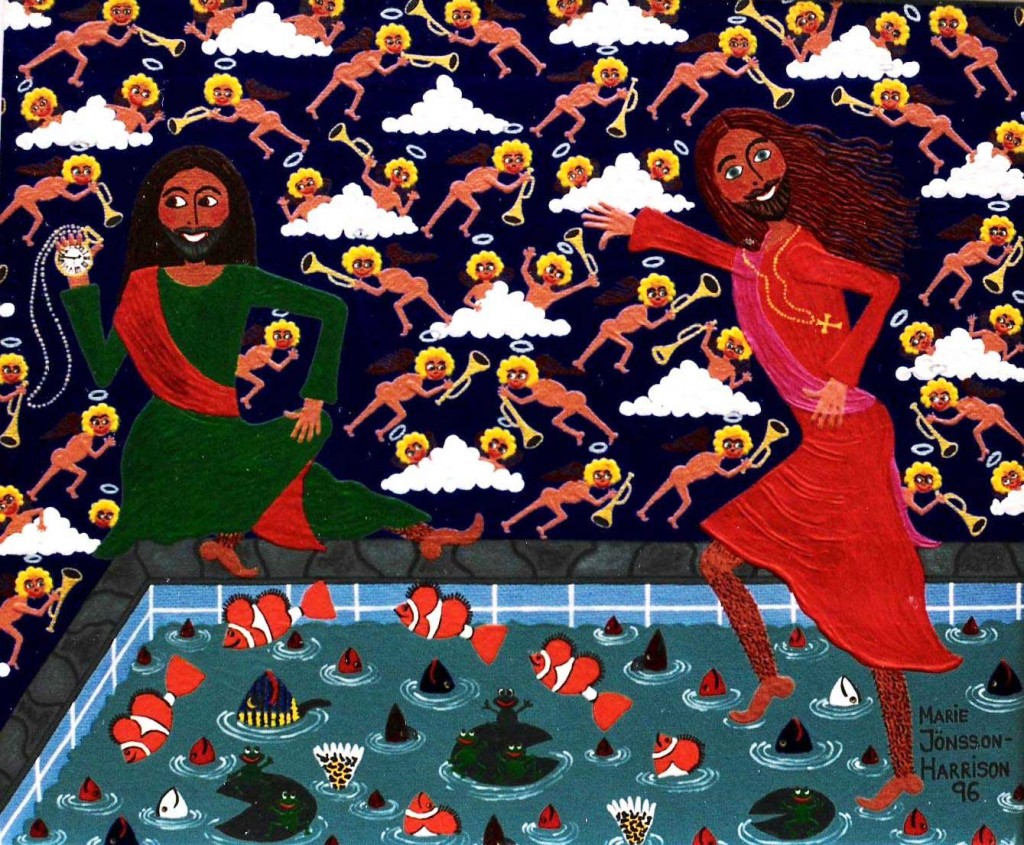 painting with Judas sitting on the side of a swimming pool and Jesus walking across the pool, with fish in the pool and angels in the sky