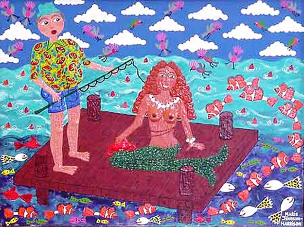 naive-art-painting-called-what-the?-by-artist-marie-jonsson-harrison naive painting of a man fishing and he caught a mermaid on his hook